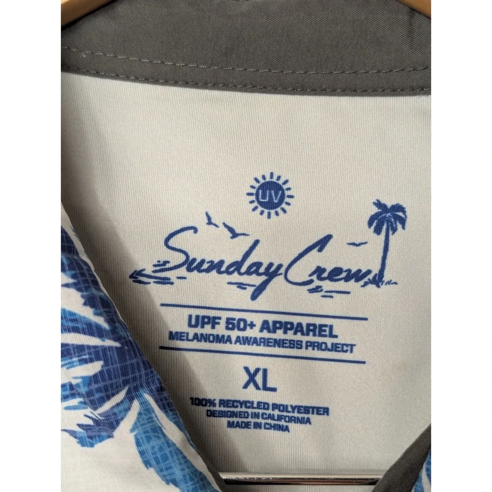 Sunday Crew Polo Shirt Mens XL White Blue Tropical Palm Bird of Paradise UPF 50+